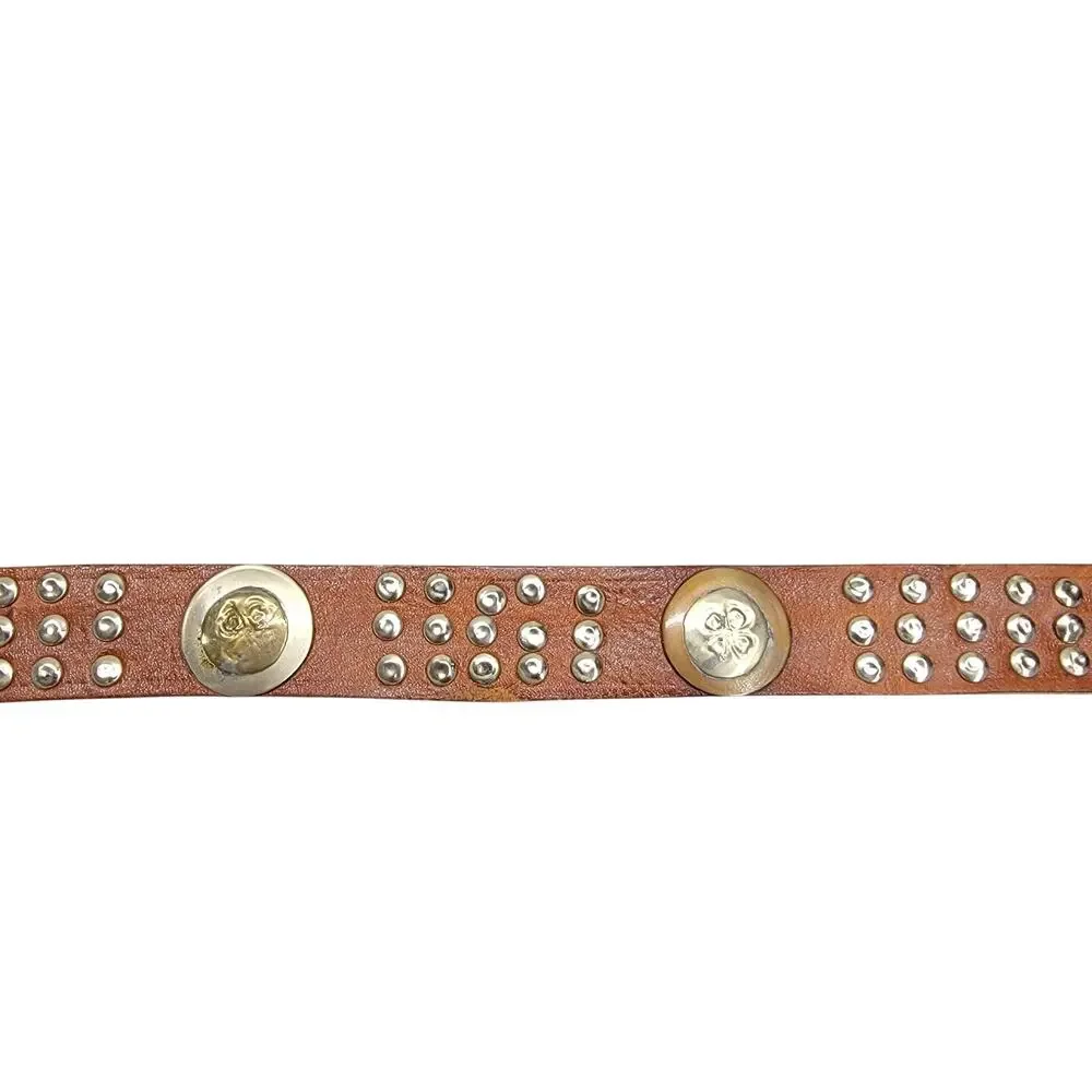Vintage Brown Leather Studded Concho Belt Four Leaf Clover Silver Tone Boho